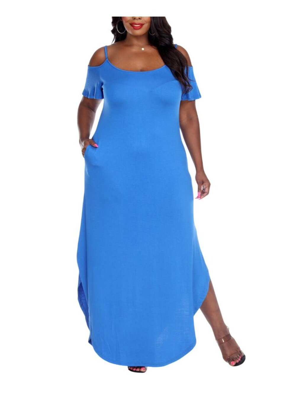 NWT White Mark Lexi Maxi Dress with Cutout Shoulders and Pockets Royal Blue 1X